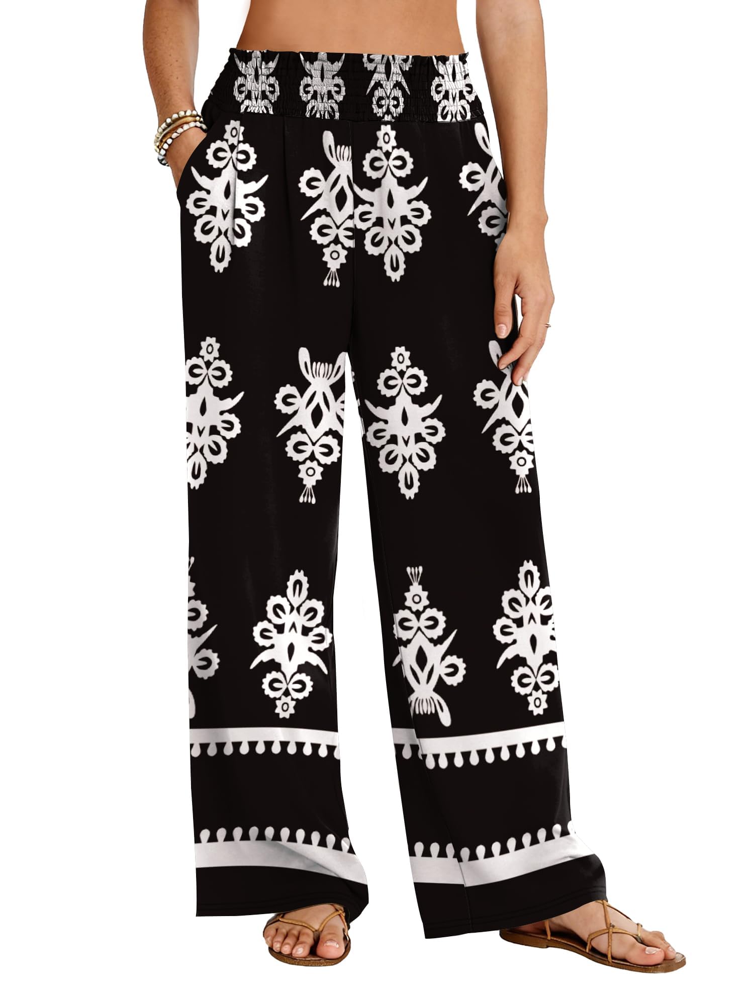 LOMON Womens Elastic High Waisted Palazzo Pants Casual Wide Leg Long Beach Vacation Trousers with Pockets