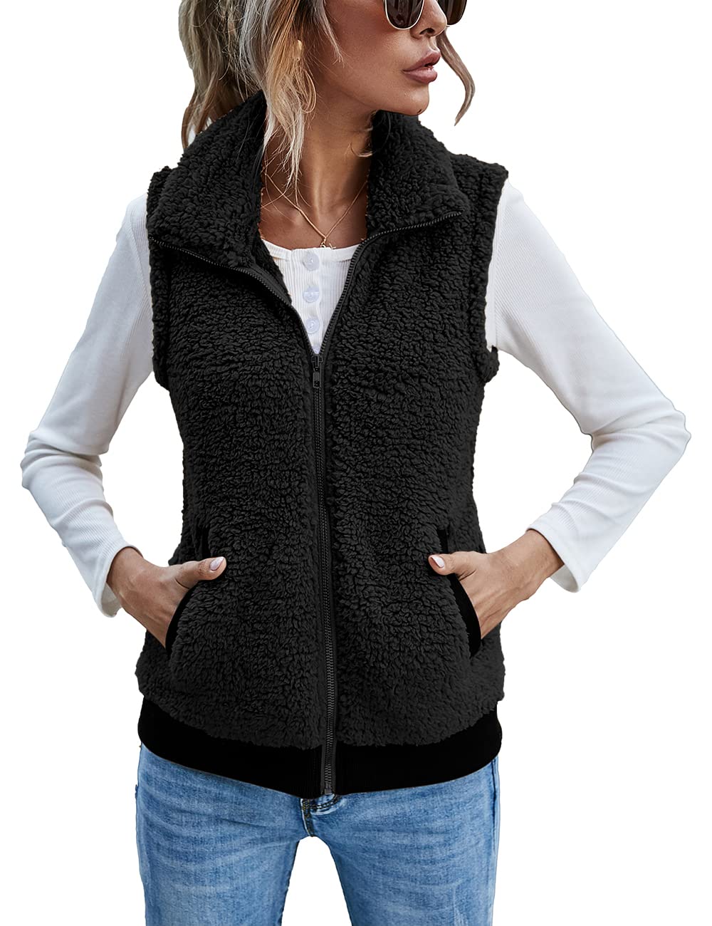 LOMON Womens Fuzzy Fleece Vest, Casual Warm Sleeveless Zip Up Sherpa Vest Jacket with Pockets for Fall/Winter