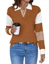 LOMON V Neck Long Sleeve Loose Sweaters Color Block Striped Knitted Pullover Jumper Tops