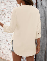 LOMON 3/4 Length Sleeve Womens Tops V Neck 3/4 Sleeve Sides Slit Button Down Shirts Cotton Linen Casual Loose Blouses