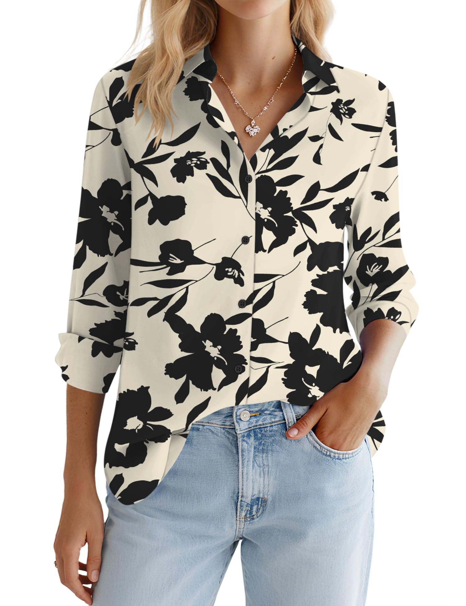 LOMON Button Down Shirt for Women Spring Summer Tops Long Sleeve Business Dressy Casual Blouses Collared Work Outfits Clothes