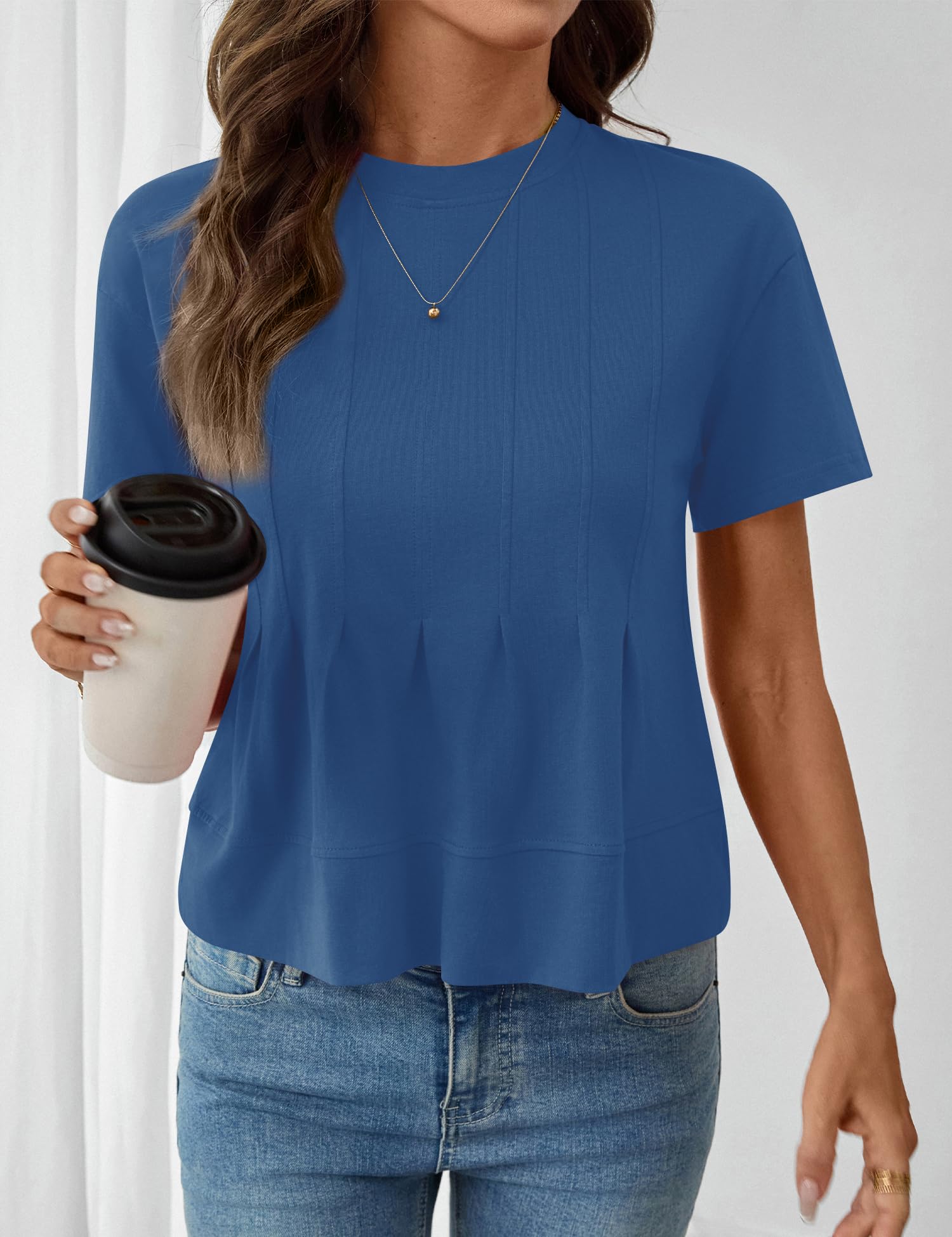 LOMON Spring Peplum Tops for Women Babydoll Pleated Short Sleeve Crop Swing Shirts Blouses Trendy Casual Clothing 2026