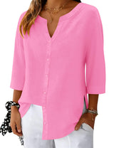 LOMON 3/4 Length Sleeve Womens Tops V Neck 3/4 Sleeve Sides Slit Button Down Shirts Cotton Linen Casual Loose Blouses