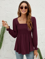 LOMON Blouses for Women Puff Long Sleeve Shirts Square Neck Casual Smocked Tunic Tops 2024 Spring Fall Winter Clothes S-XL
