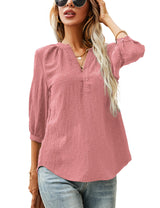 LOMON Women's Casual 3/4 Sleeve Henley V-Neck Button Up Pleated Back Blouses Swiss Dot Blouse Tops T-Shirts S-XXL