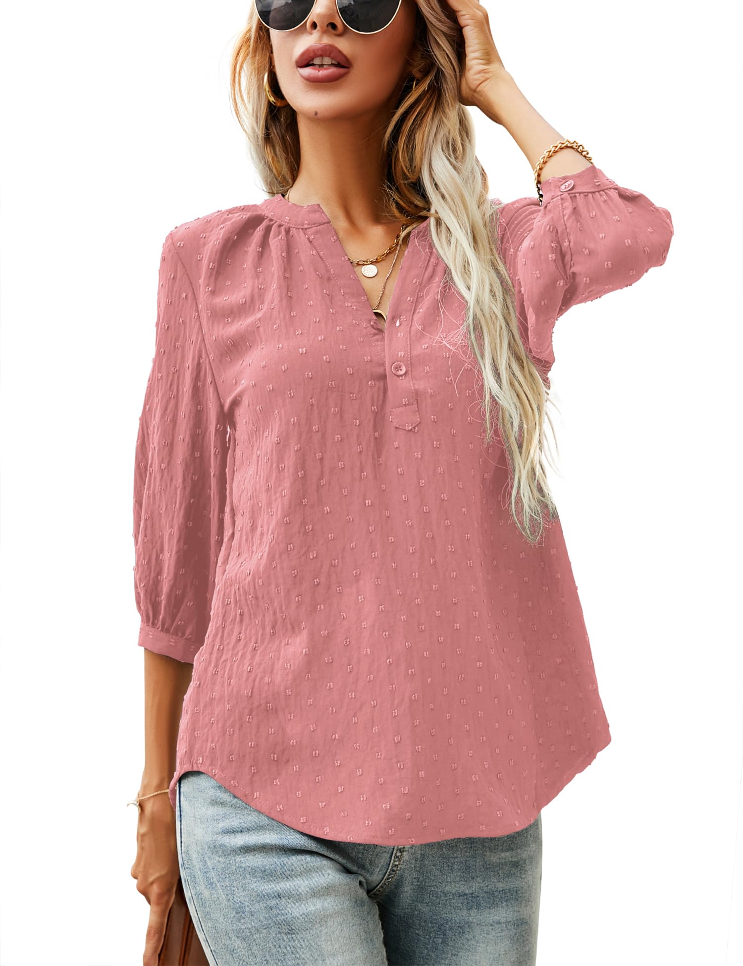 LOMON Women's Casual 3/4 Sleeve Henley V-Neck Button Up Pleated Back Blouses Swiss Dot Blouse Tops T-Shirts S-XXL
