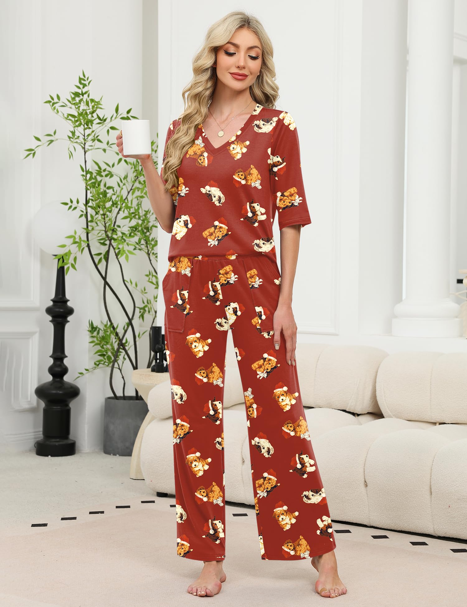 LOMON Women's 2 Piece Lounge Pajama Sets Soft 3/4 Sleeve Tops and Wide Leg Pants Loose Casual Outfits with Pockets
