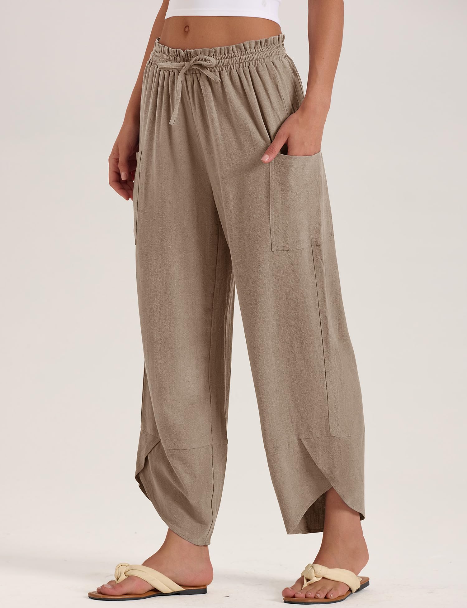LOMON Women Linen Palazzo Pants Boho Wide Leg Elastic Waisted Casual Capri Pant Summer Harem Lounge with Pockets