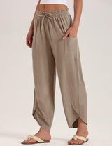 LOMON Women Linen Palazzo Pants Boho Wide Leg Elastic Waisted Casual Capri Pant Summer Harem Lounge with Pockets
