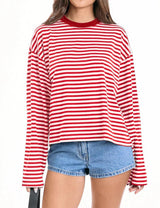LOMON Striped Long Sleeve Shirt Women Y2k Oversized Crewneck Fall Spring Drop Shoulder Vintage Tops Teen Girl Clothes