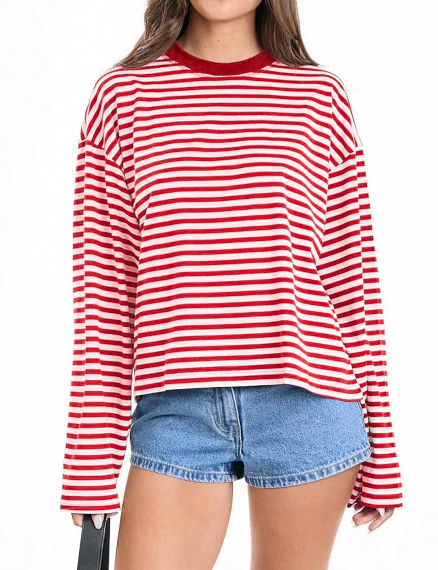LOMON Striped Long Sleeve Shirt Women Y2k Oversized Crewneck Fall Spring Drop Shoulder Vintage Tops Teen Girl Clothes