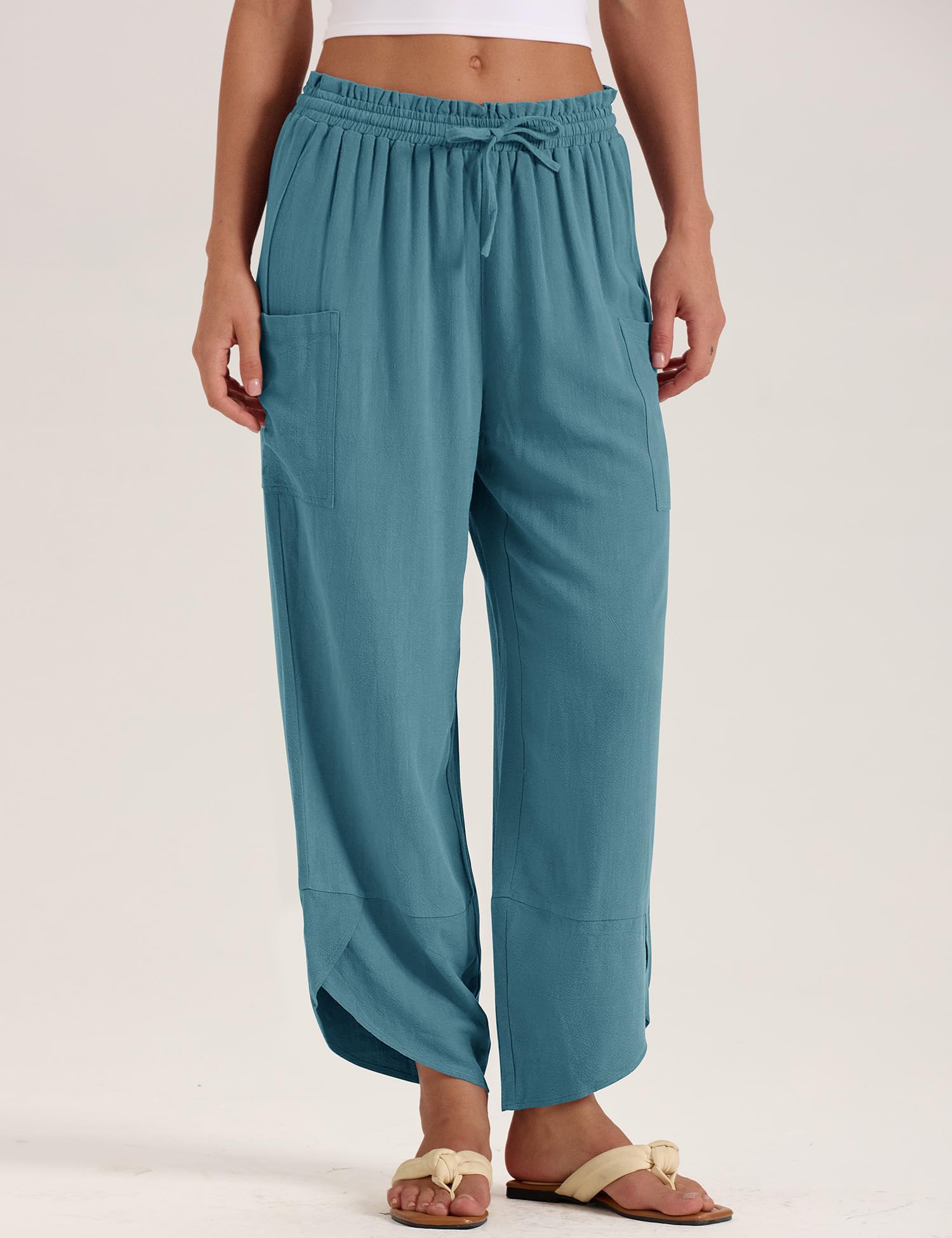LOMON Women Linen Palazzo Pants Boho Wide Leg Elastic Waisted Casual Capri Pant Summer Harem Lounge with Pockets