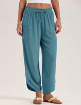 LOMON Women Linen Palazzo Pants Boho Wide Leg Elastic Waisted Casual Capri Pant Summer Harem Lounge with Pockets