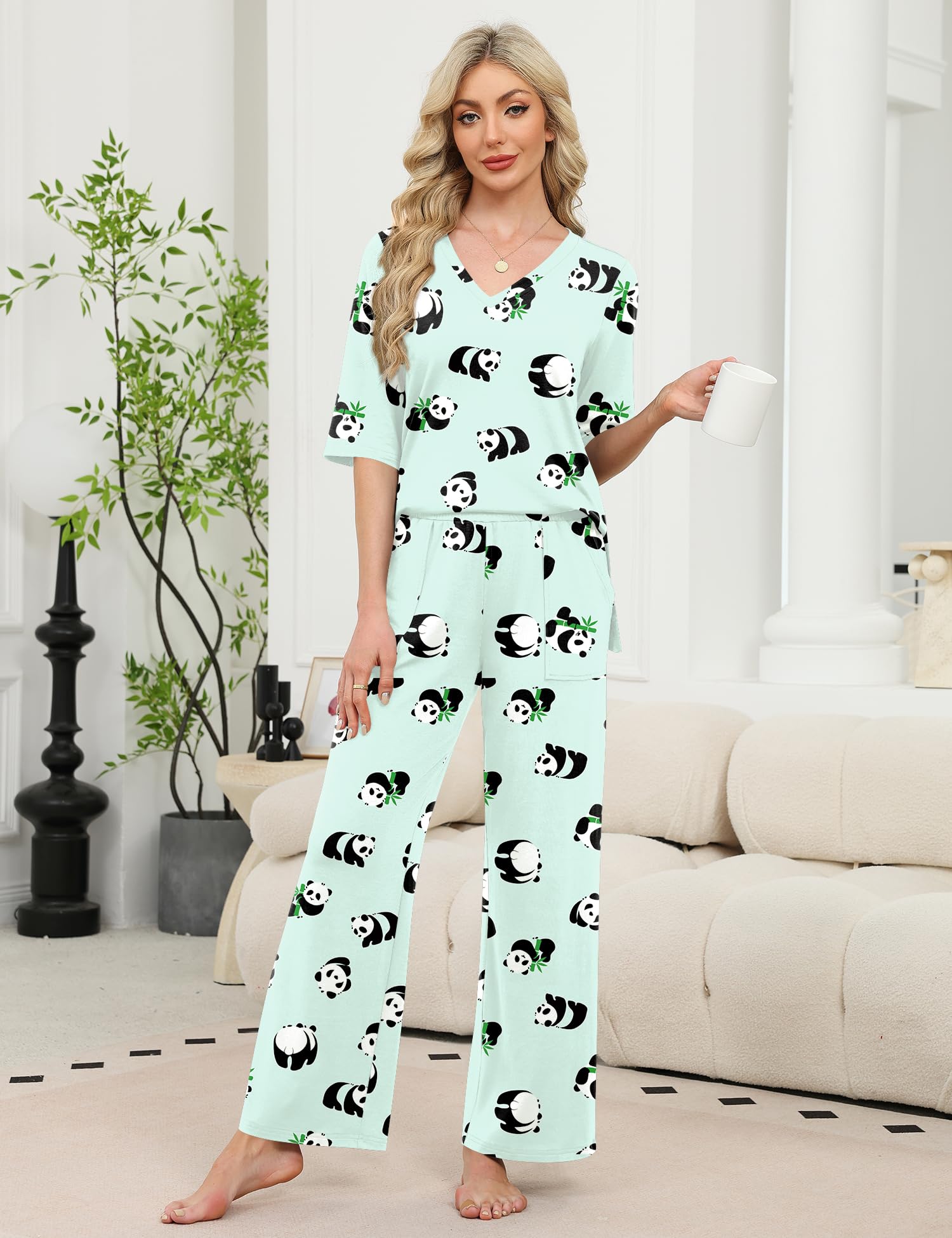 LOMON Women's 2 Piece Lounge Pajama Sets Soft 3/4 Sleeve Tops and Wide Leg Pants Loose Casual Outfits with Pockets