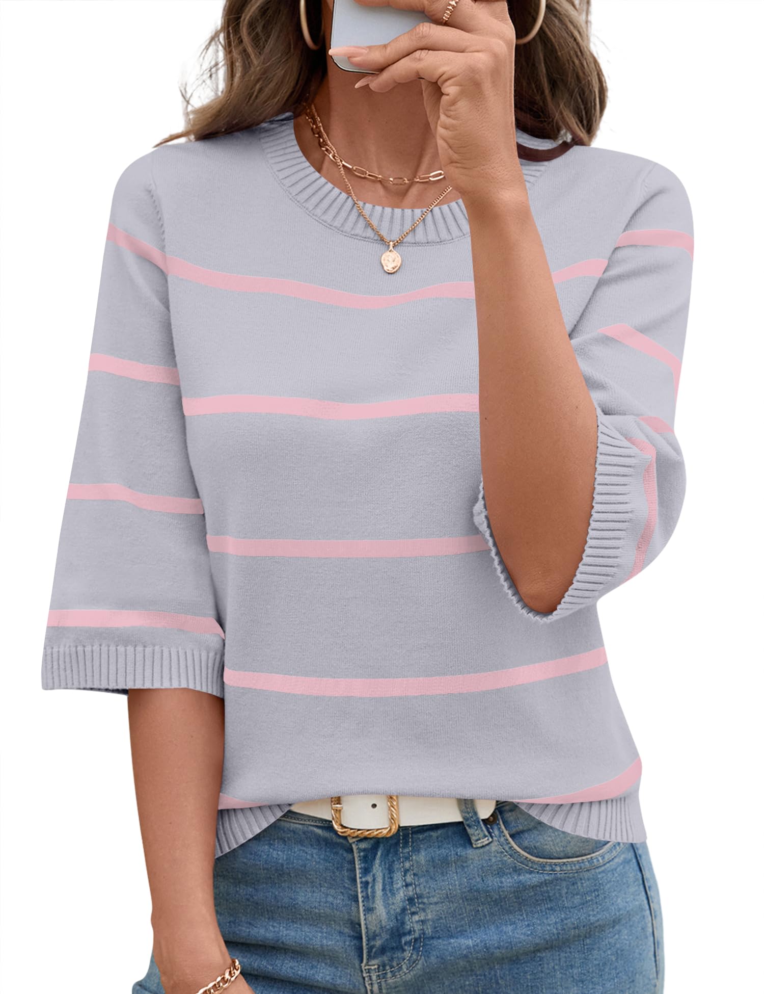 LOMON Womens Sweaters Casual Fall 2025 Crew Neck Striped 3/4 Sleeve Lightweight Knit Trendy Pullover Sweater Tops S-XL