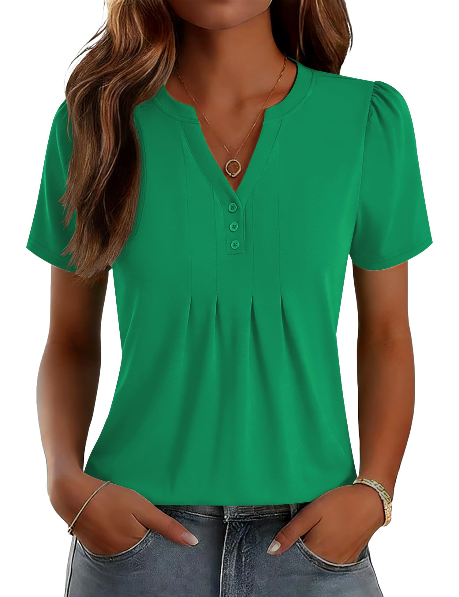 LOMON Womens Tops Dressy Casual V Neck Short Sleeve Shirts Summer Pleated Blouses Button Down Tunic Loose Fit