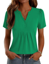 LOMON Womens Tops Dressy Casual V Neck Short Sleeve Shirts Summer Pleated Blouses Button Down Tunic Loose Fit