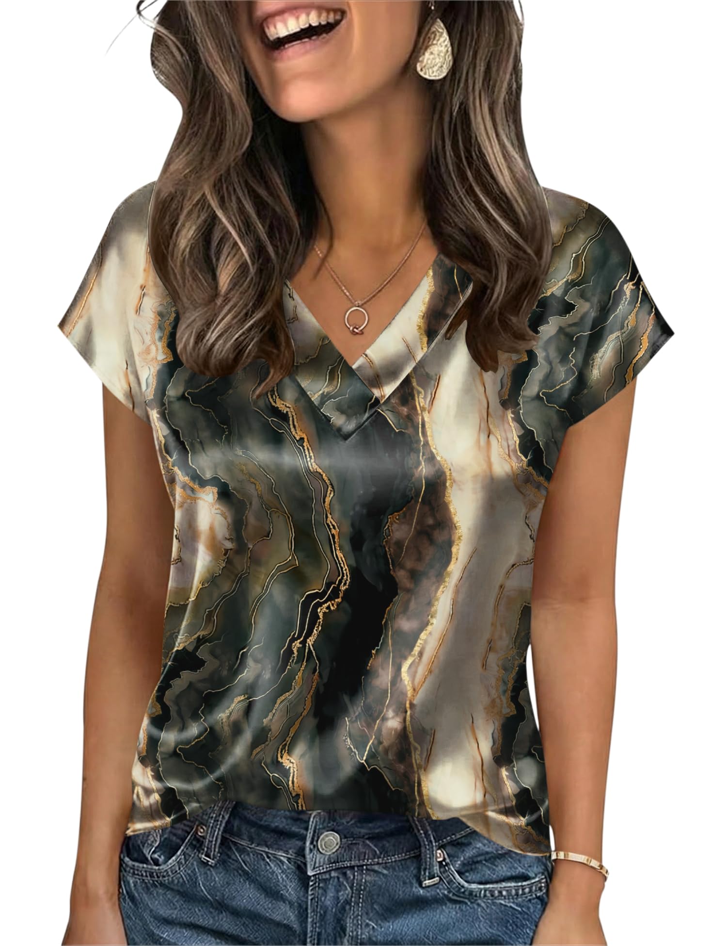LOMON Women Silk Satin Tops Cap Short Sleeve Blouse V Neck Shirts Business Casual Outfits