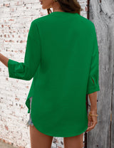 LOMON 3/4 Length Sleeve Womens Tops V Neck 3/4 Sleeve Sides Slit Button Down Shirts Cotton Linen Casual Loose Blouses