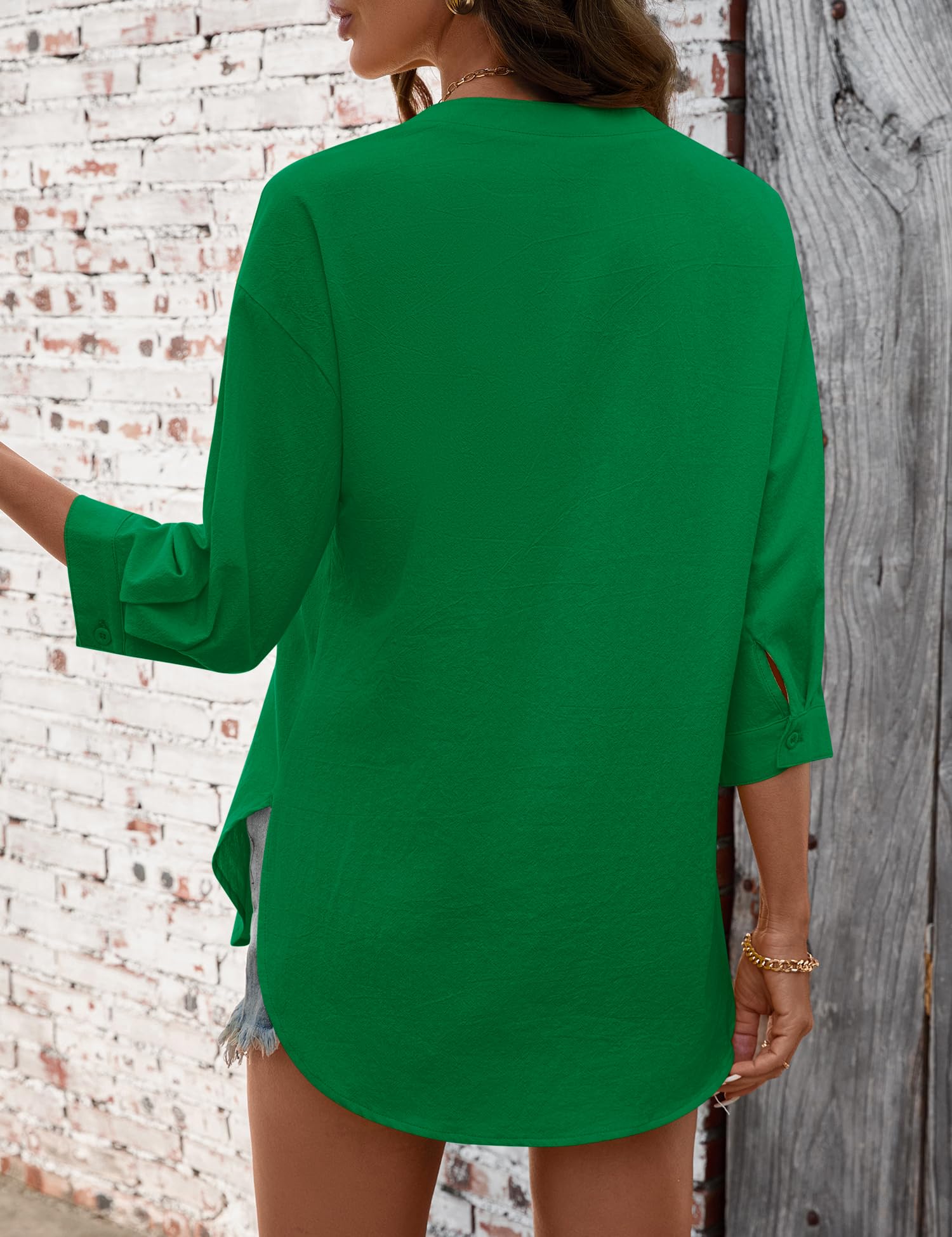 LOMON 3/4 Length Sleeve Womens Tops V Neck 3/4 Sleeve Sides Slit Button Down Shirts Cotton Linen Casual Loose Blouses