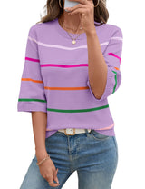 LOMON Womens Sweaters Casual Fall 2025 Crew Neck Striped 3/4 Sleeve Lightweight Knit Trendy Pullover Sweater Tops S-XL