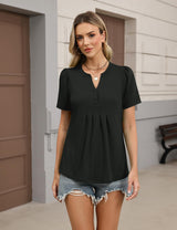 LOMON Womens Tops Dressy Casual V Neck Short Sleeve Shirts Summer Pleated Blouses Button Down Tunic Loose Fit