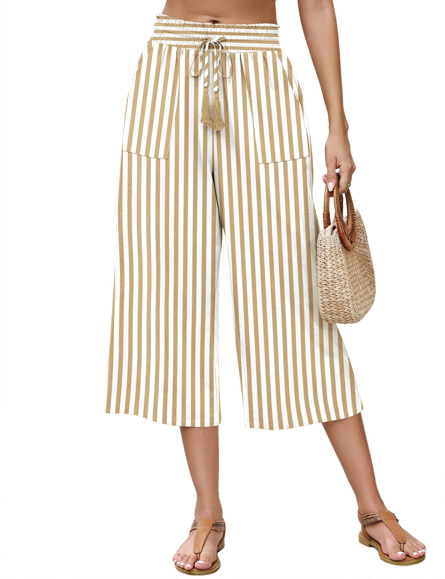 LOMON Women's Linen Capri Pants Wide Leg with Drawstring Elastic Waist Casual Cropped Pant