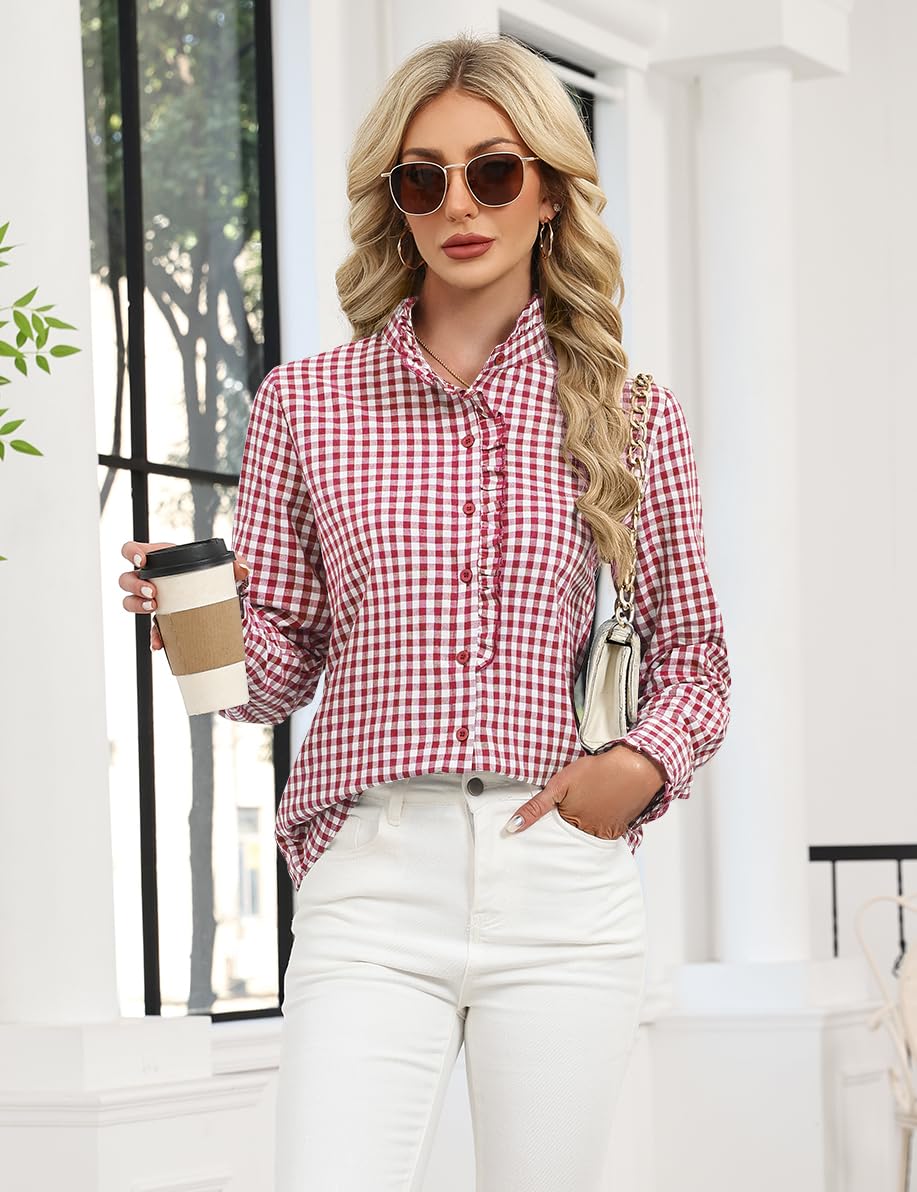 LOMON Button Down Shirts for Women Dressy Casual Long Sleeve Ruffle Blouses Office Tops Work Shirt