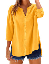 LOMON 3/4 Length Sleeve Womens Tops V Neck 3/4 Sleeve Sides Slit Button Down Shirts Cotton Linen Casual Loose Blouses