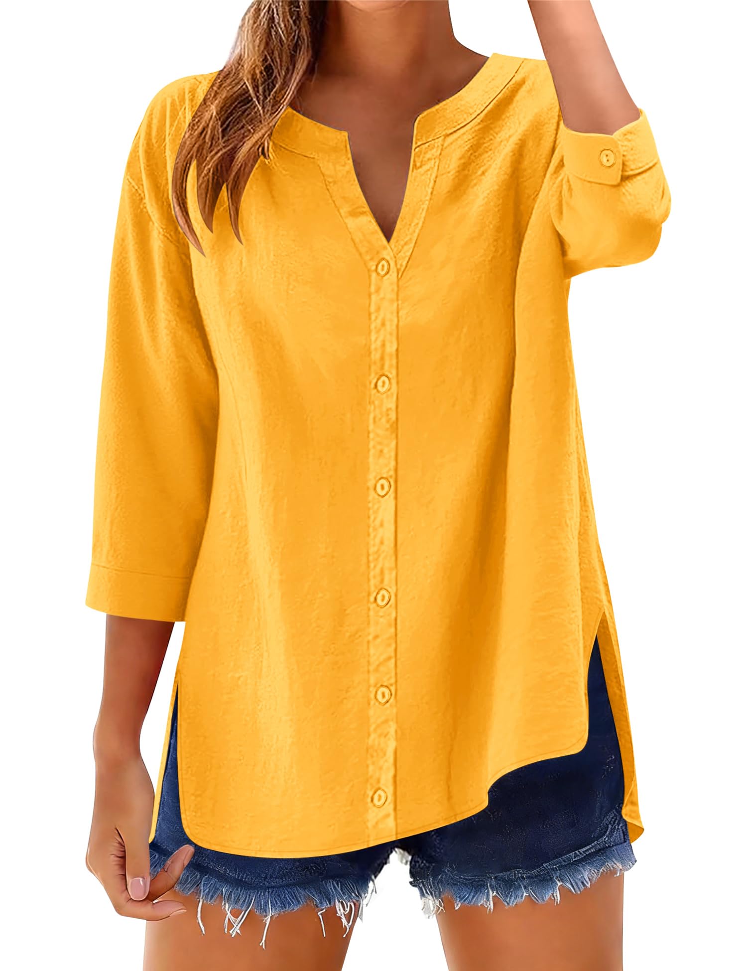 LOMON 3/4 Length Sleeve Womens Tops V Neck 3/4 Sleeve Sides Slit Button Down Shirts Cotton Linen Casual Loose Blouses