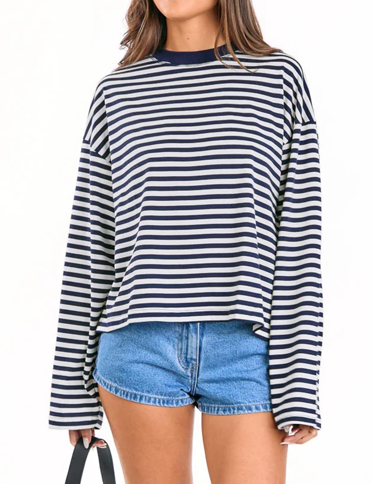 LOMON Striped Long Sleeve Shirt Women Y2k Oversized Crewneck Fall Spring Drop Shoulder Vintage Tops Teen Girl Clothes