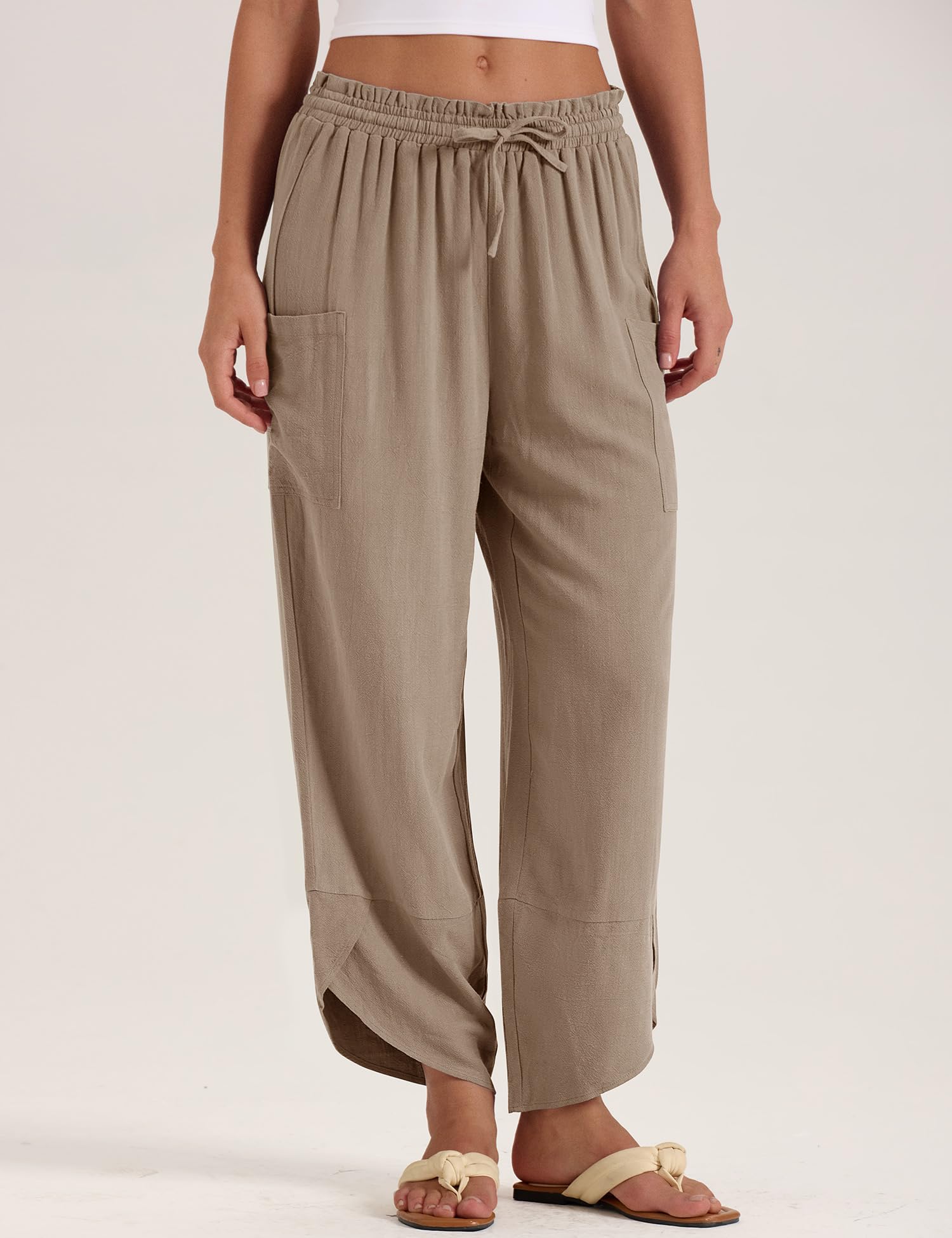 LOMON Women Linen Palazzo Pants Boho Wide Leg Elastic Waisted Casual Capri Pant Summer Harem Lounge with Pockets
