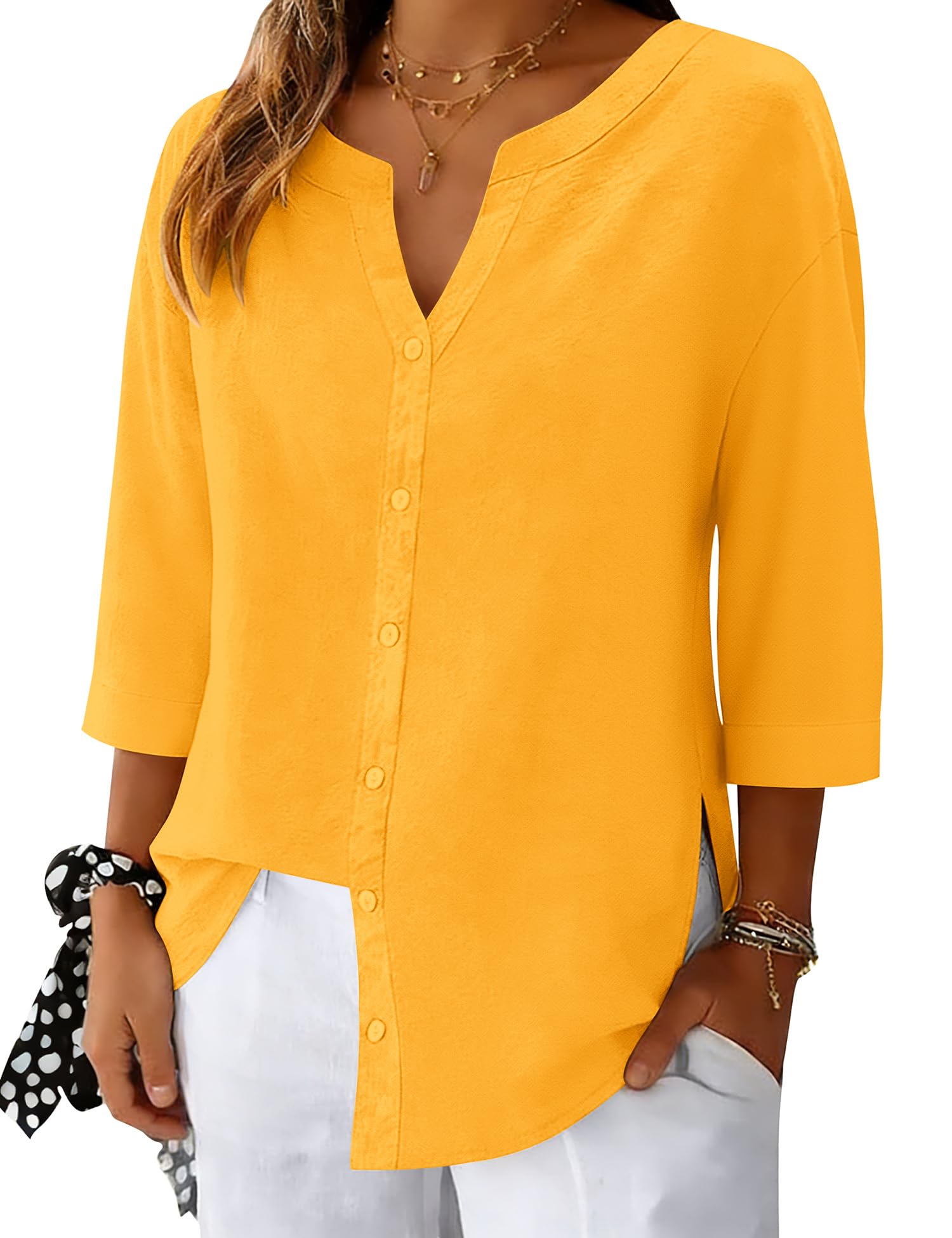 LOMON 3/4 Length Sleeve Womens Tops V Neck 3/4 Sleeve Sides Slit Button Down Shirts Cotton Linen Casual Loose Blouses