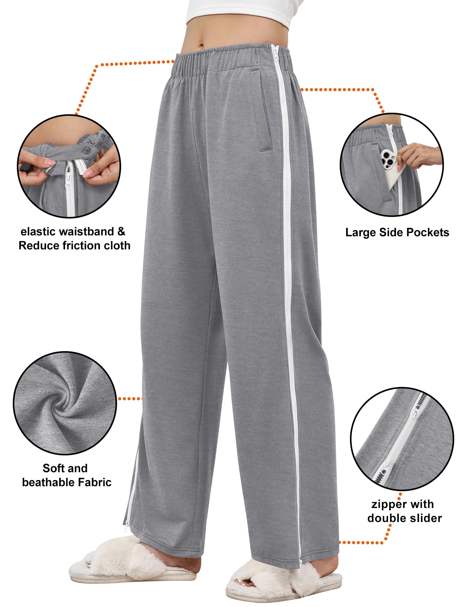 LOMON Womens Tear Away Pants Sides Full Open Sweatpants Double Slider Zip Off Post Surgery Pant with Pockets