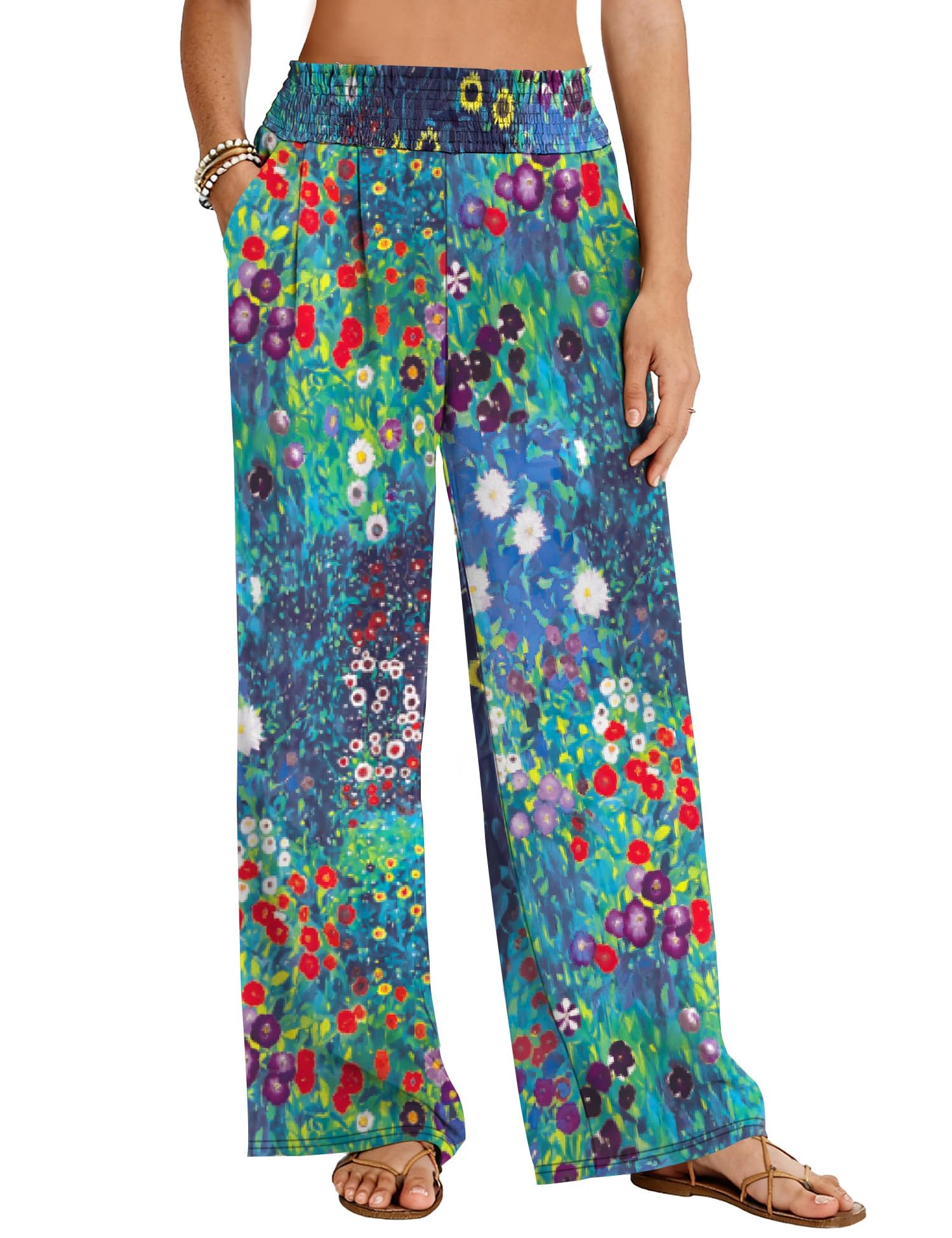 LOMON Womens Elastic High Waisted Palazzo Pants Casual Wide Leg Long Beach Vacation Trousers with Pockets