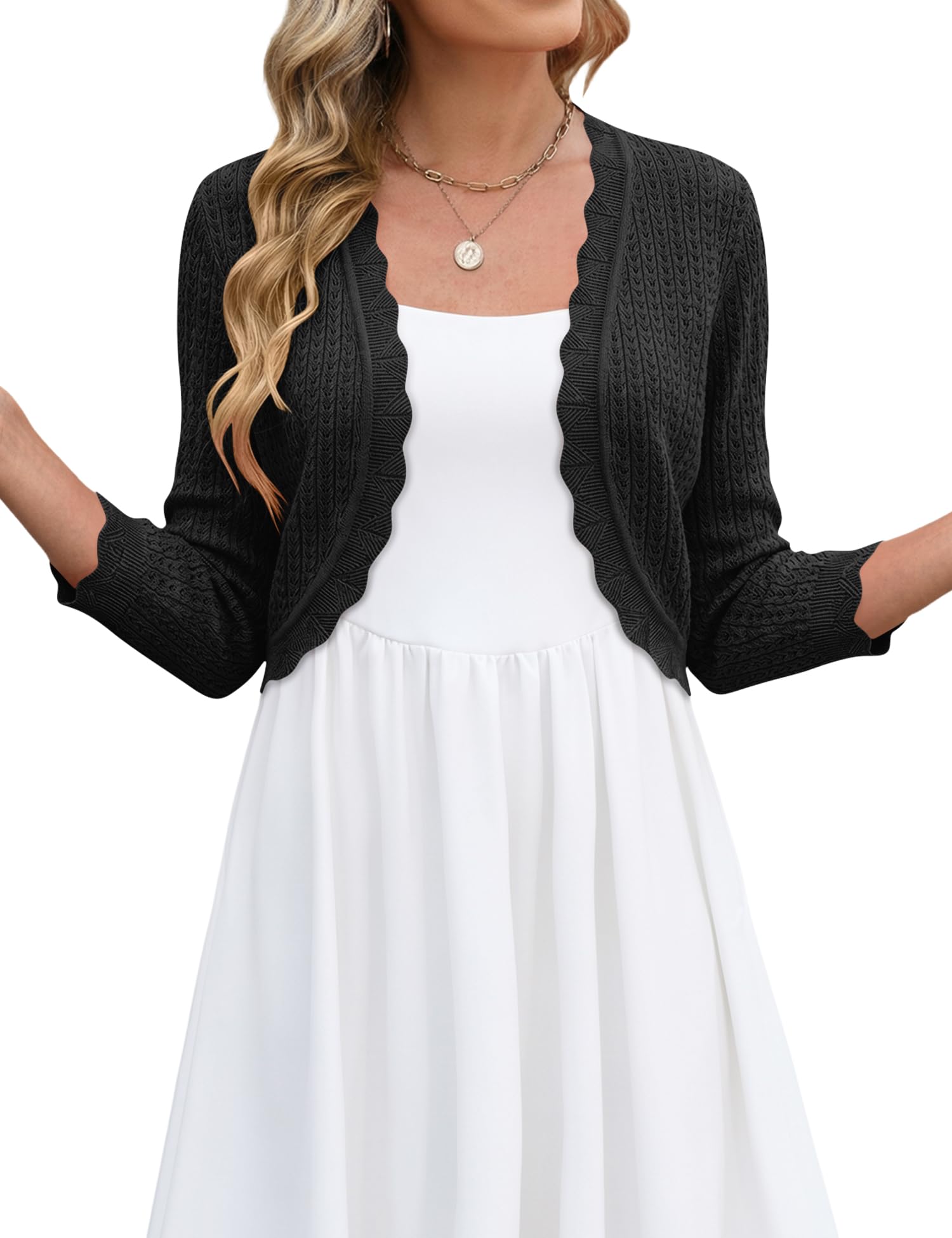 LOMON Women's 3/4 Sleeve Cropped Cardigan Knit Sweaters Trendy Open Front Bolero Shrugs for Dresses S-XXL