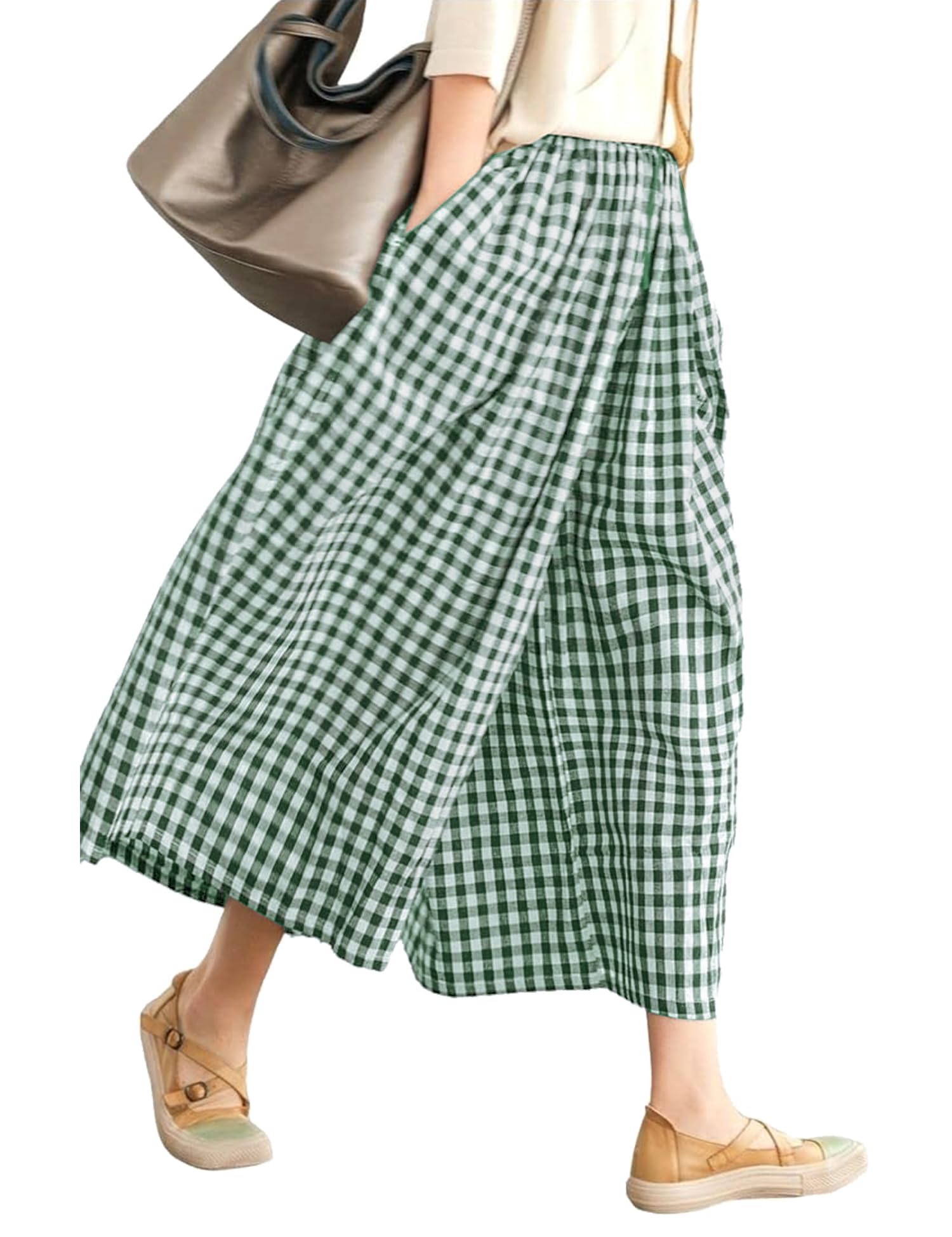 LOMON Womens Wide Leg Capri Pants Gingham Plaid Culottes Summer Elastic Waist Palazzo Trousers Bottoms with Pockets