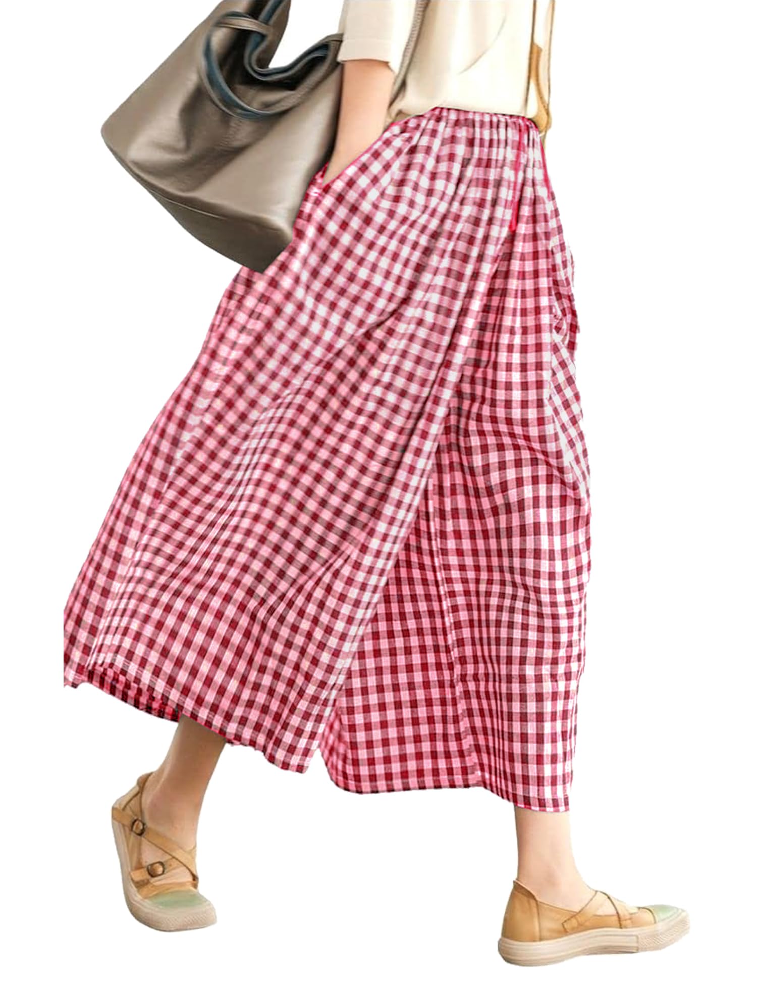 LOMON Womens Wide Leg Capri Pants Gingham Plaid Culottes Summer Elastic Waist Palazzo Trousers Bottoms with Pockets