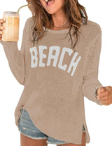 LOMON Beach Cover Up for Women Letter Print Long Sleeve Sweater Crochet Tops Shirts Casual Crewneck Split Hem Pullover