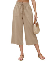 LOMON Women's Linen Capri Pants Wide Leg with Drawstring Elastic Waist Casual Cropped Pant