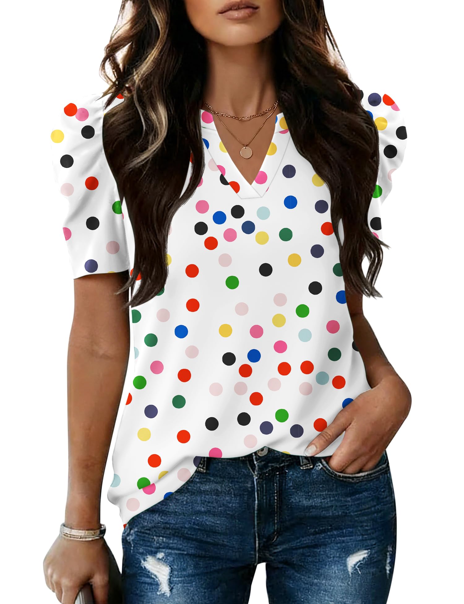 LOMON Spring Summer Tops for Women 2026 V Neck Puff Short Sleeve Tops Fashion Trendy Work Blouses Dressy Casual S-XXL