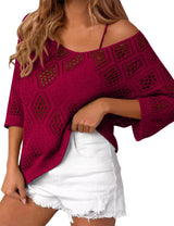 LOMON Womens 3/4 Sleeve Crochet Tops Off Shoulder Hollow Out Sweater V Neck Casual Loose Fit Beach Cover Up