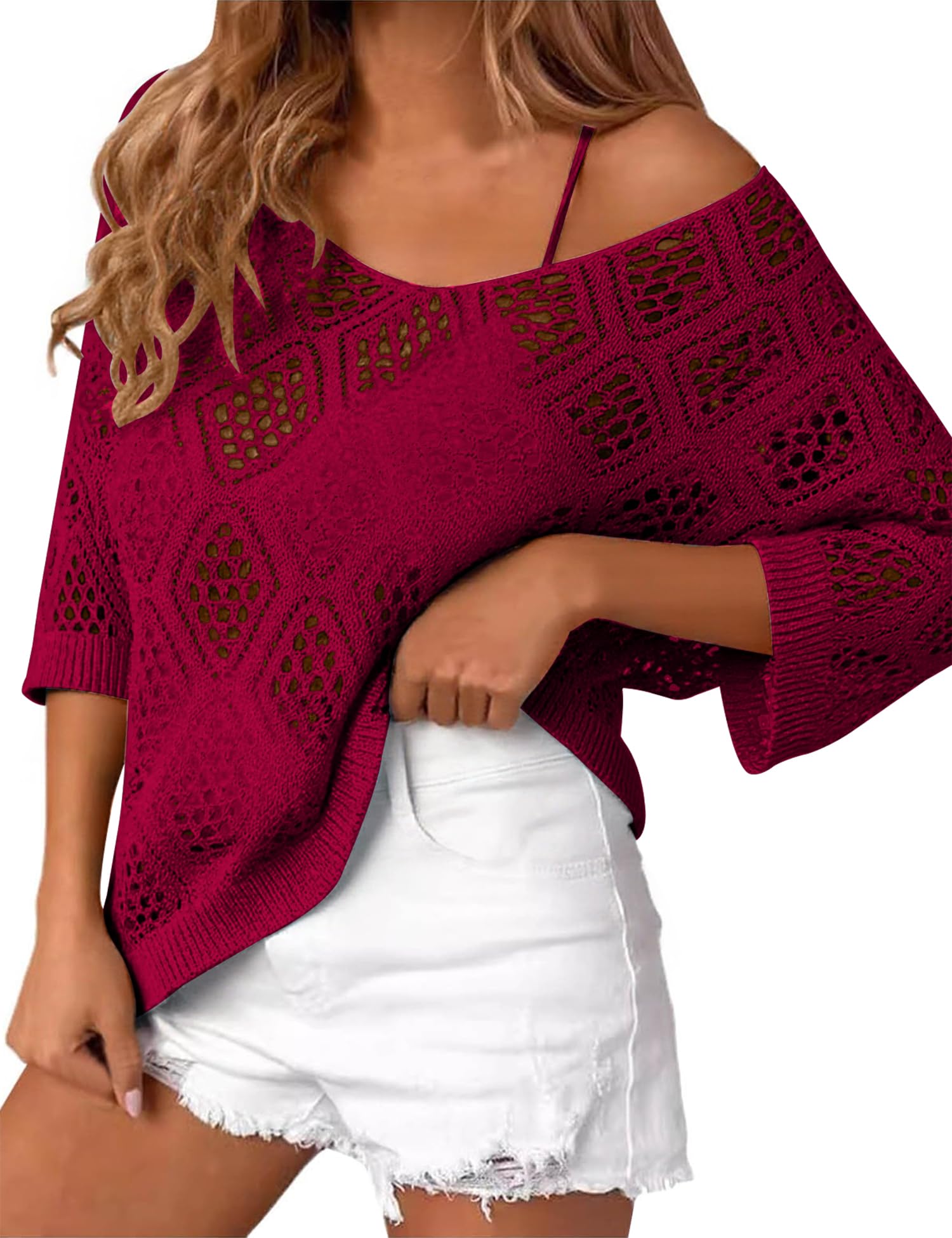 LOMON Womens 3/4 Sleeve Crochet Tops Off Shoulder Hollow Out Sweater V Neck Casual Loose Fit Beach Cover Up