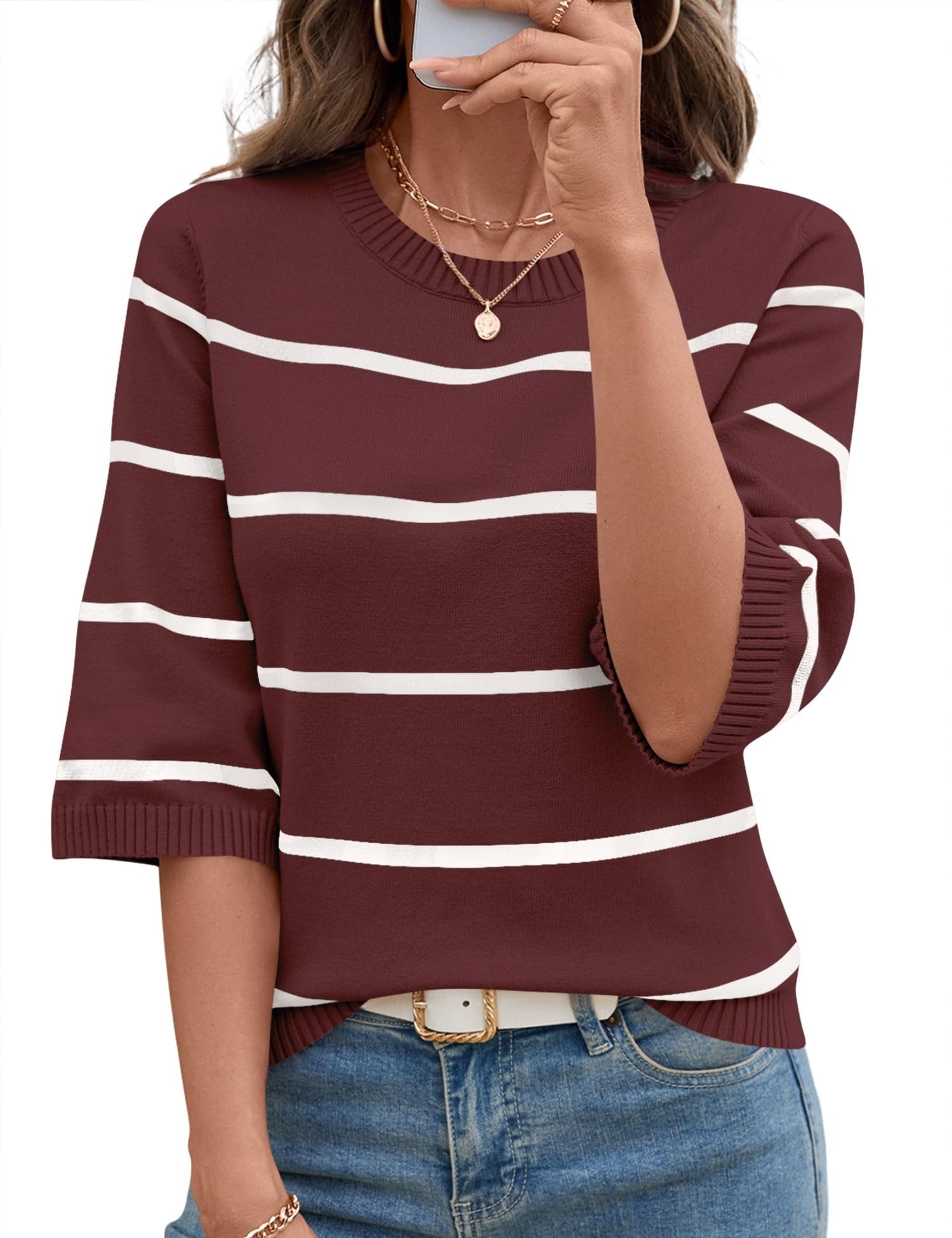 LOMON Womens Sweaters Casual Fall 2025 Crew Neck Striped 3/4 Sleeve Lightweight Knit Trendy Pullover Sweater Tops S-XL