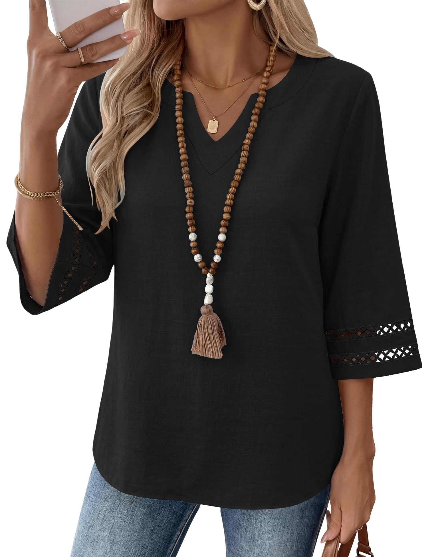 LOMON Womens 3/4 Sleeve V Neck Bohemian Blouses Casual Loose Fit Tunic Tops Vacation Clothes