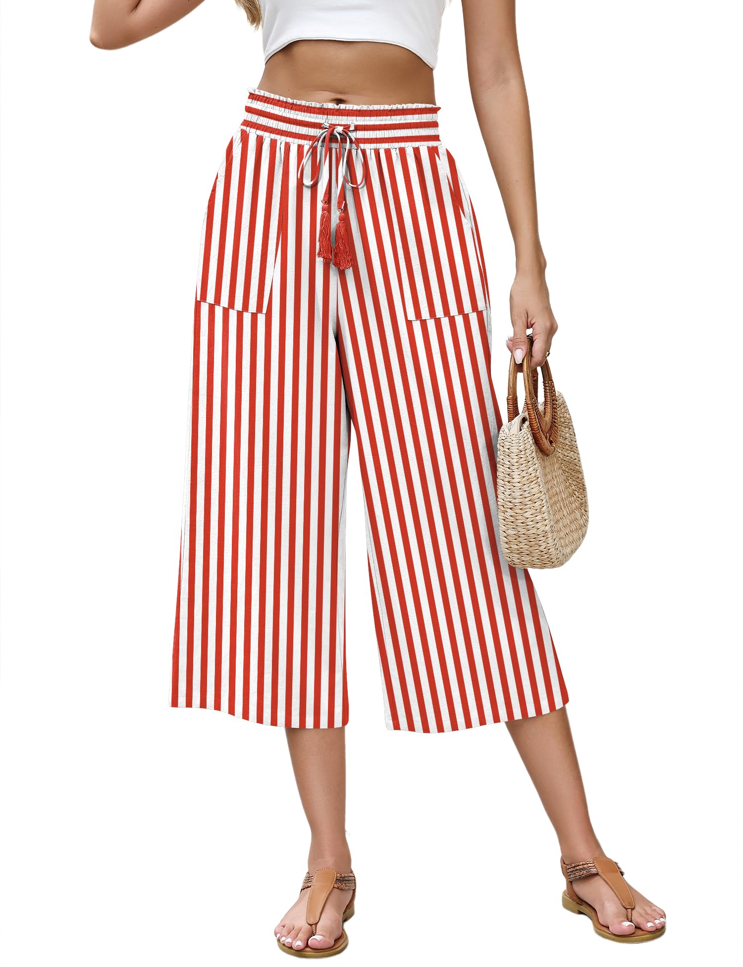 LOMON Women's Linen Capri Pants Wide Leg with Drawstring Elastic Waist Casual Cropped Pant