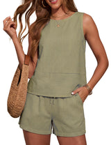 LOMON Women's Trendy 2 Piece Outfits Shorts Sets Summer Crew Neck Sleeveless Tank Top and Bottom Matching with Pockets 2026