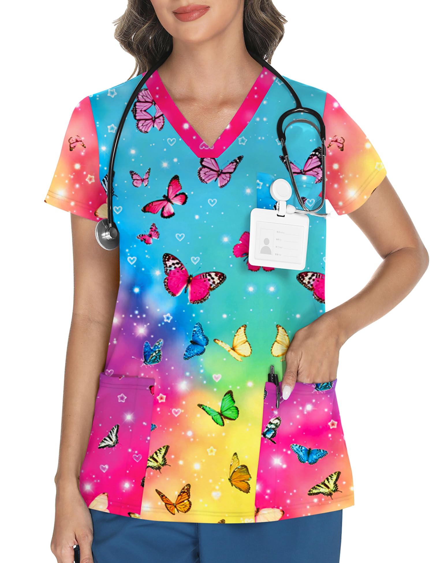 LOMON Women's V Neck Printed Scrub Top with 3 Pockets