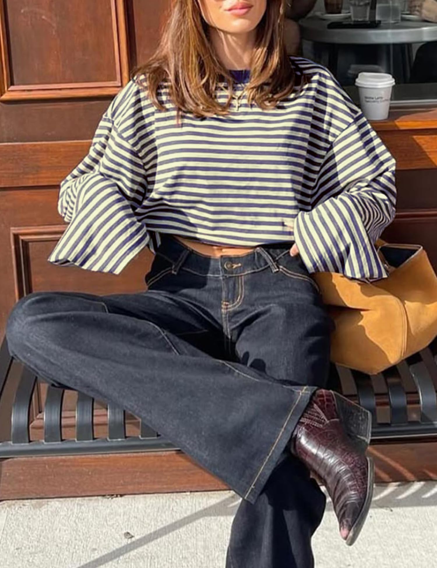 LOMON Striped Long Sleeve Shirt Women Y2k Oversized Crewneck Fall Spring Drop Shoulder Vintage Tops Teen Girl Clothes