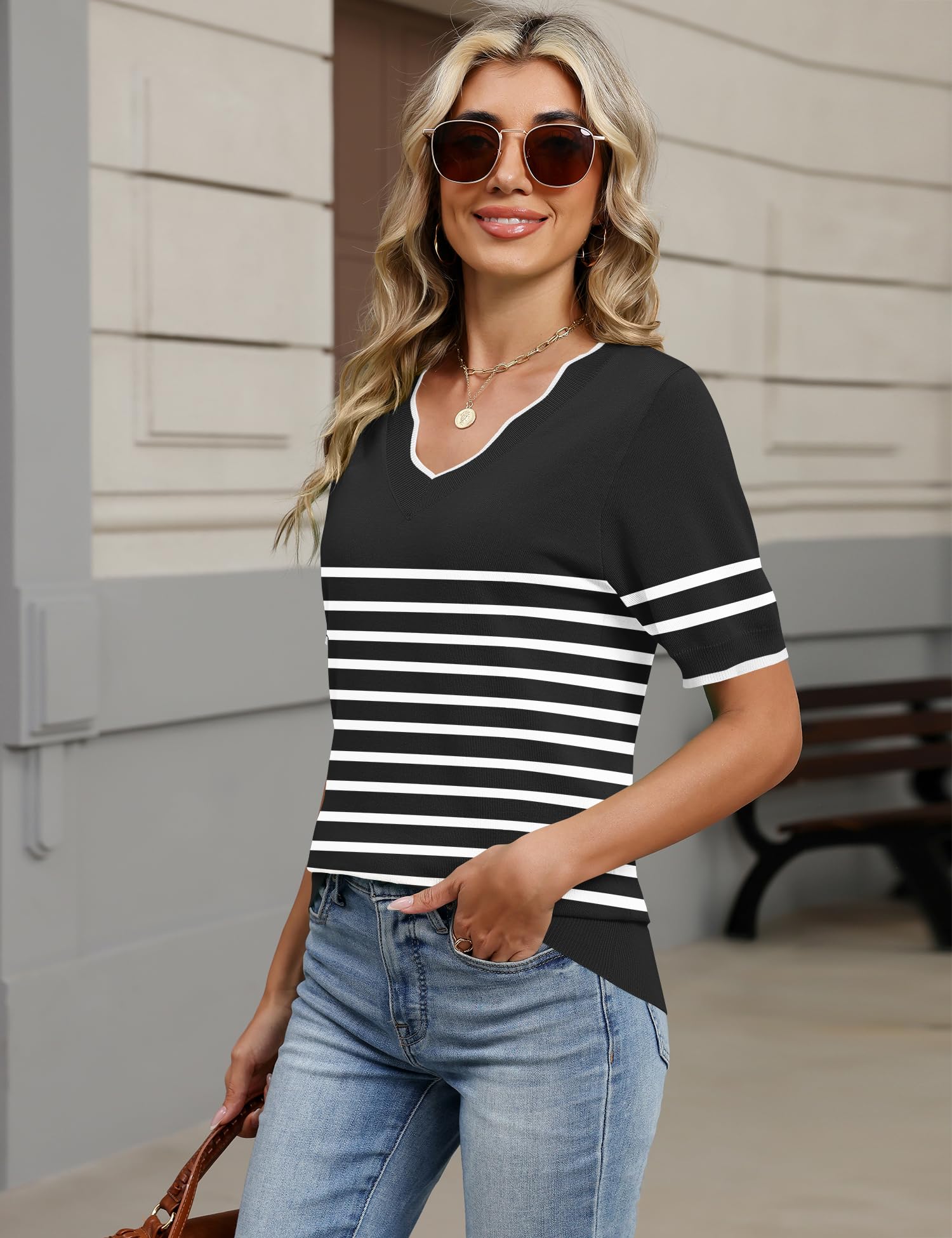 LOMON Womens 2026 Spring V Neck Sweater Casual Tops Short Sleeve Lightweight Ribbed Knit Pullover Sweaters